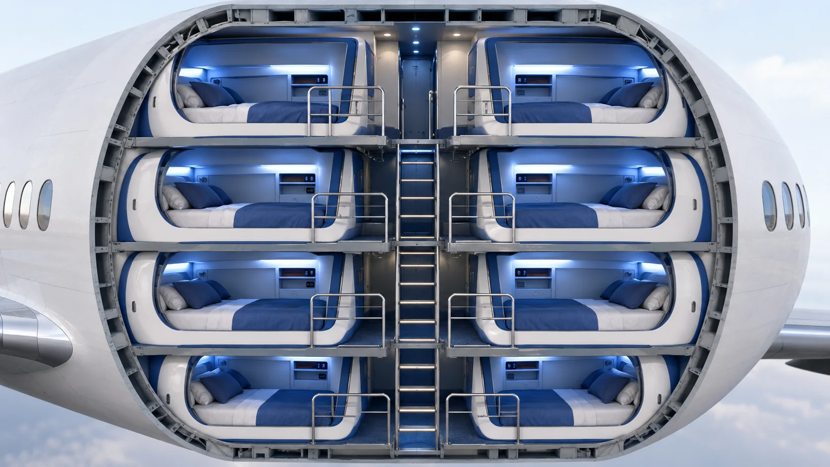 Cutaway concept rendering of multiple stacked sleep berths inside a widebody aircraft