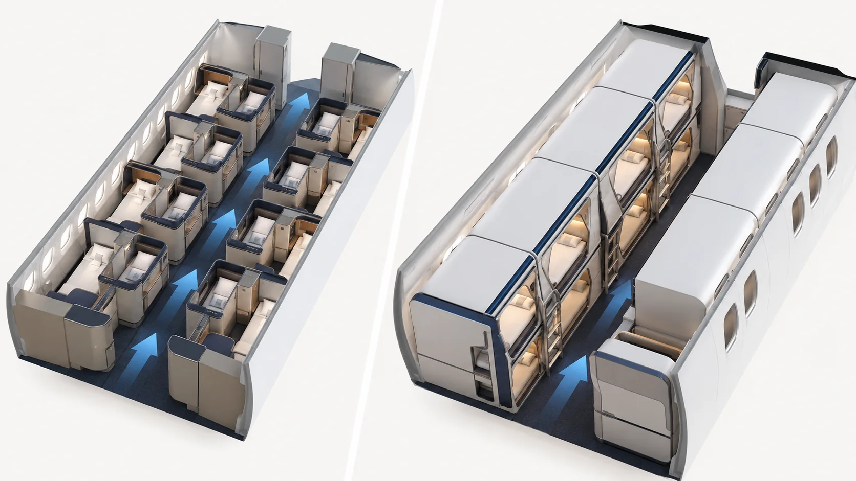 Isometric concept comparing lie-flat pods and stacked berths in an aircraft cabin
