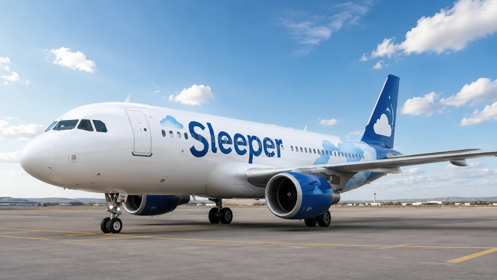 White Sleeper aircraft with blue cloud branding on a runway in daylight